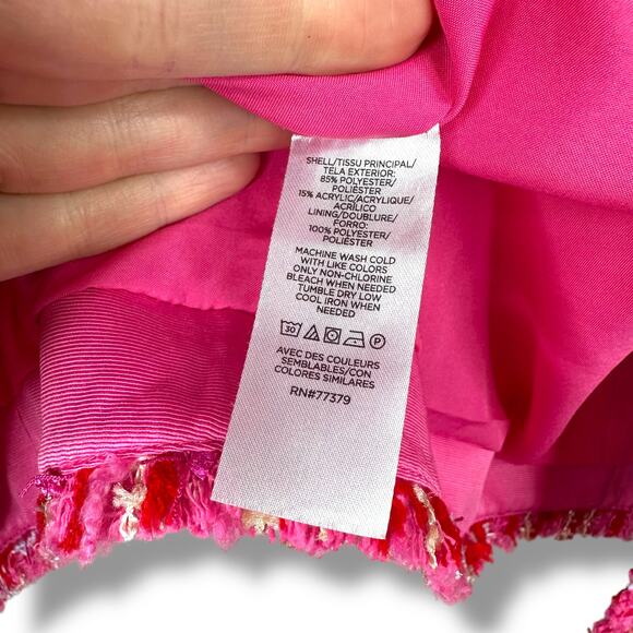 Ann Taylor NWOT The Cutaway Pink Red Fringe Tweed Open Front Jacket Size 12 - Picture 9 of 10